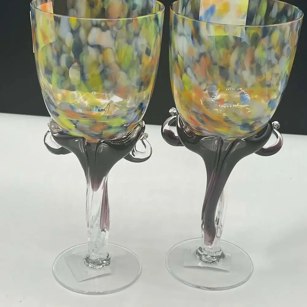 Jozefina Krosno Poland Wine Set of 2 Glass Goblets Multi Color Confetti  9